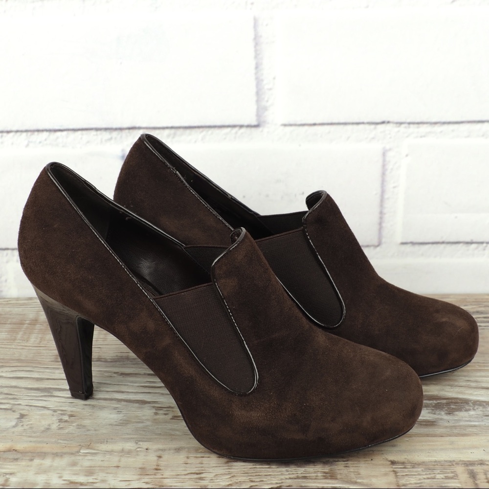 Franco Sarto brown suede & patent heeled loafers